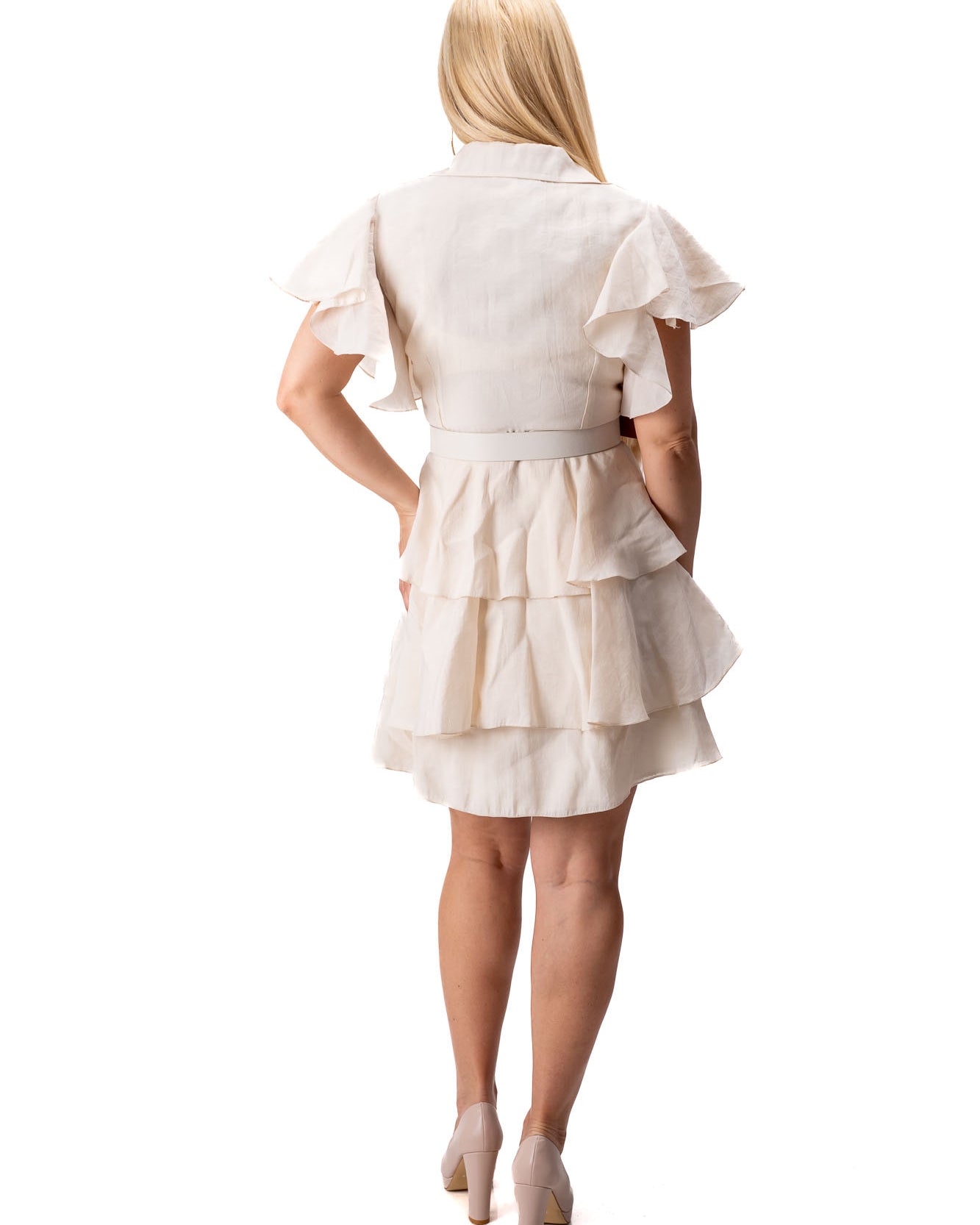 beige elegant women dress with collar belt short sleeve