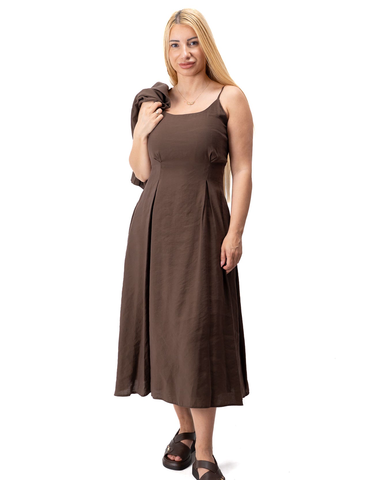 women two piece midi dress spaghetti straps overshirt brown