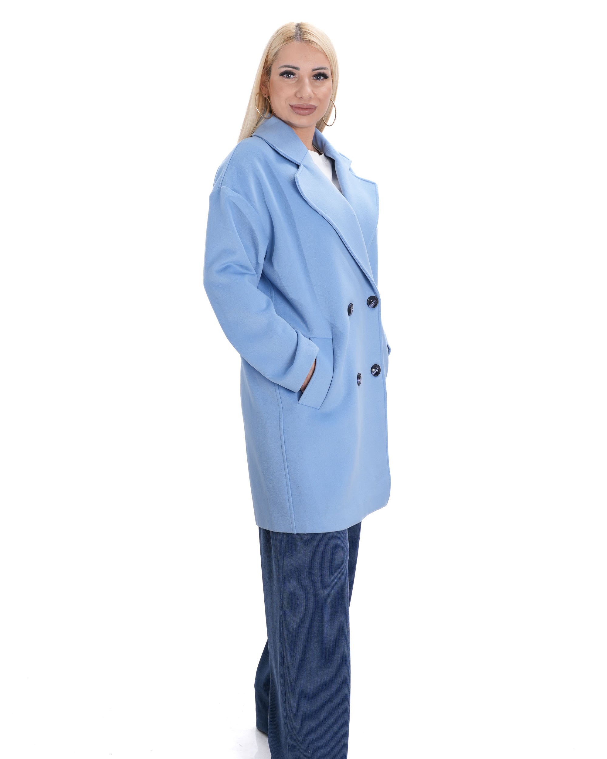 стилно дамско палто дълго небесно синьо