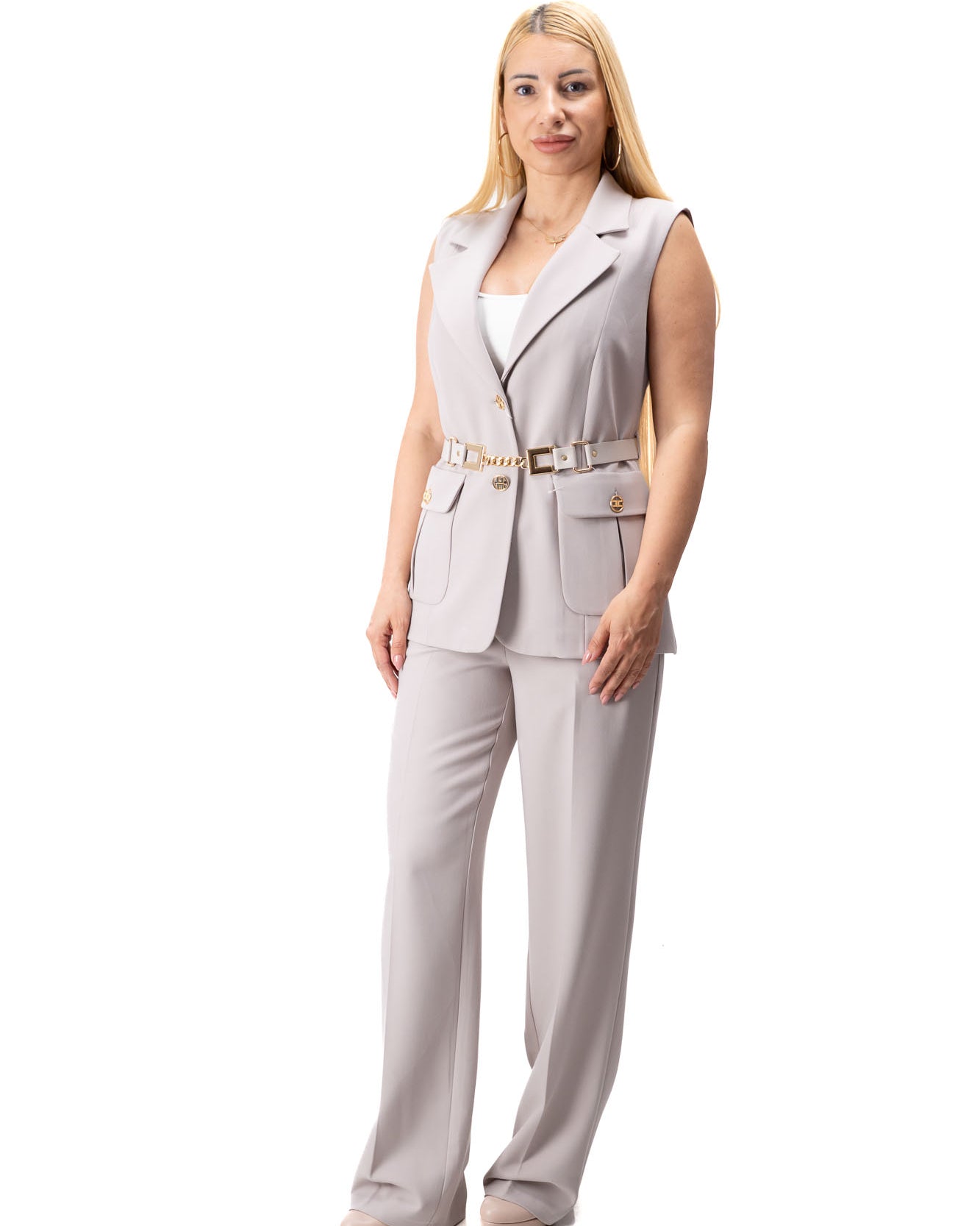 beige luxury women formal suit vest pants gold detail