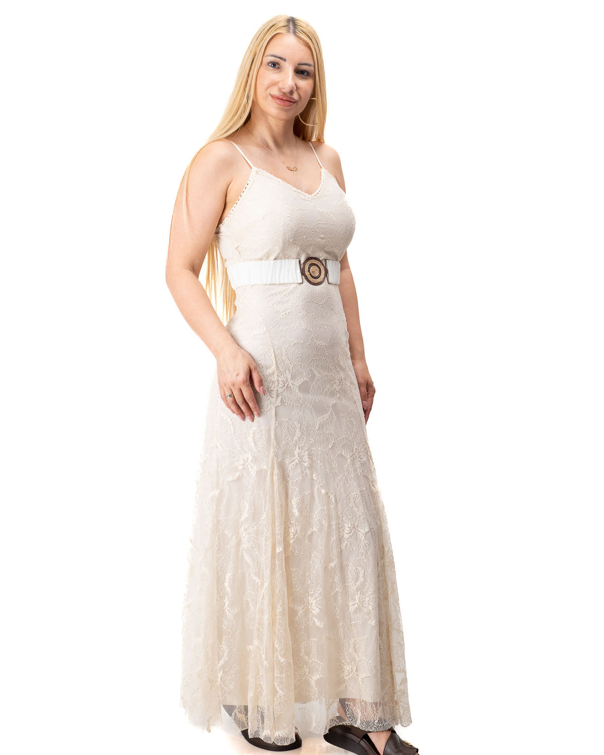 women long lace dress light beige with sheer overshirt