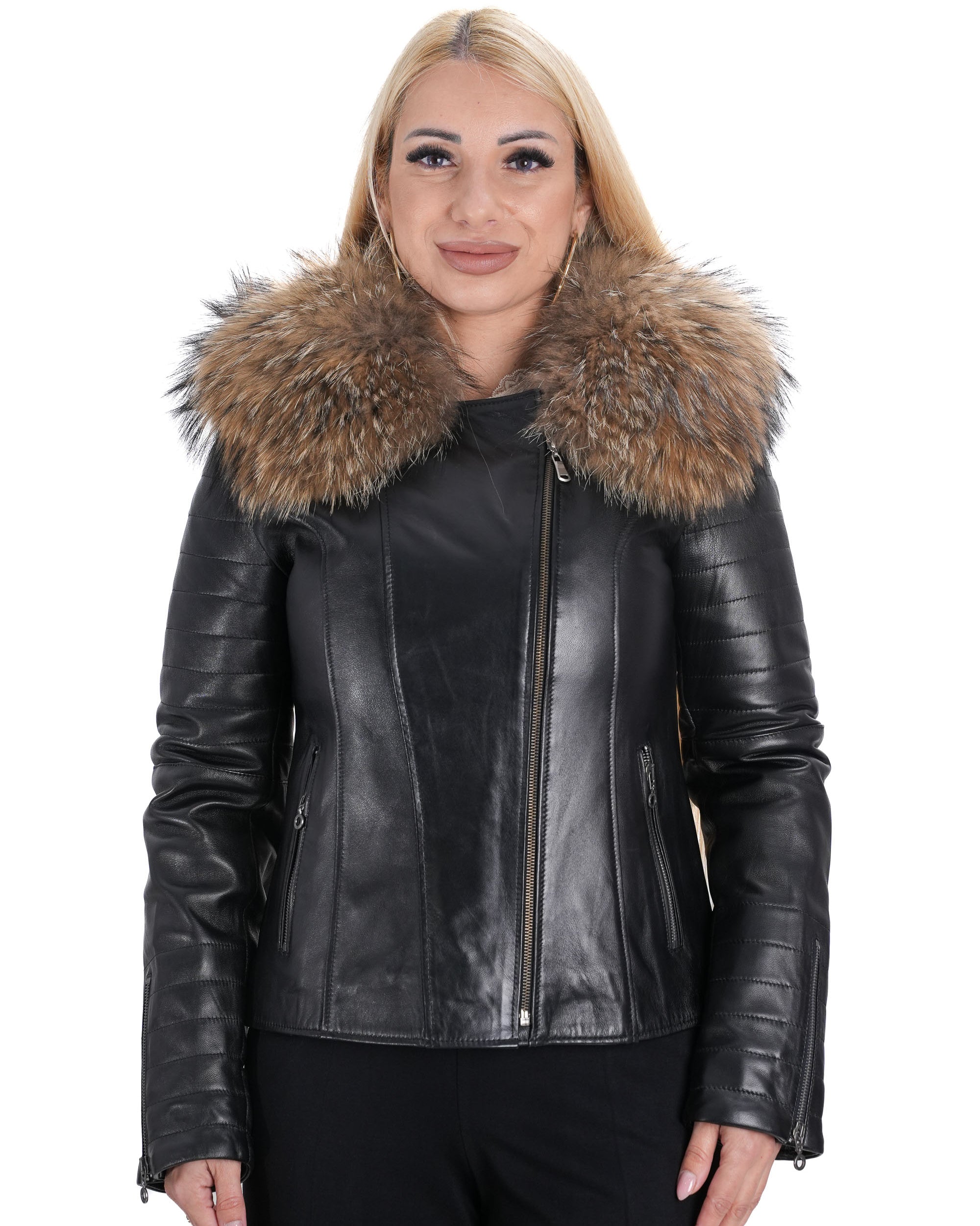 Дамско черно яке от естествена кожа – преден изглед T-6 с косъм на качулката