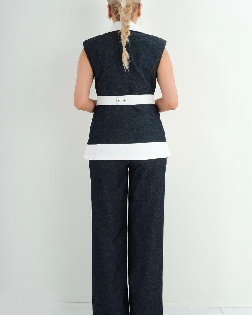 plus size women denim style set blue white wide leg pants vest