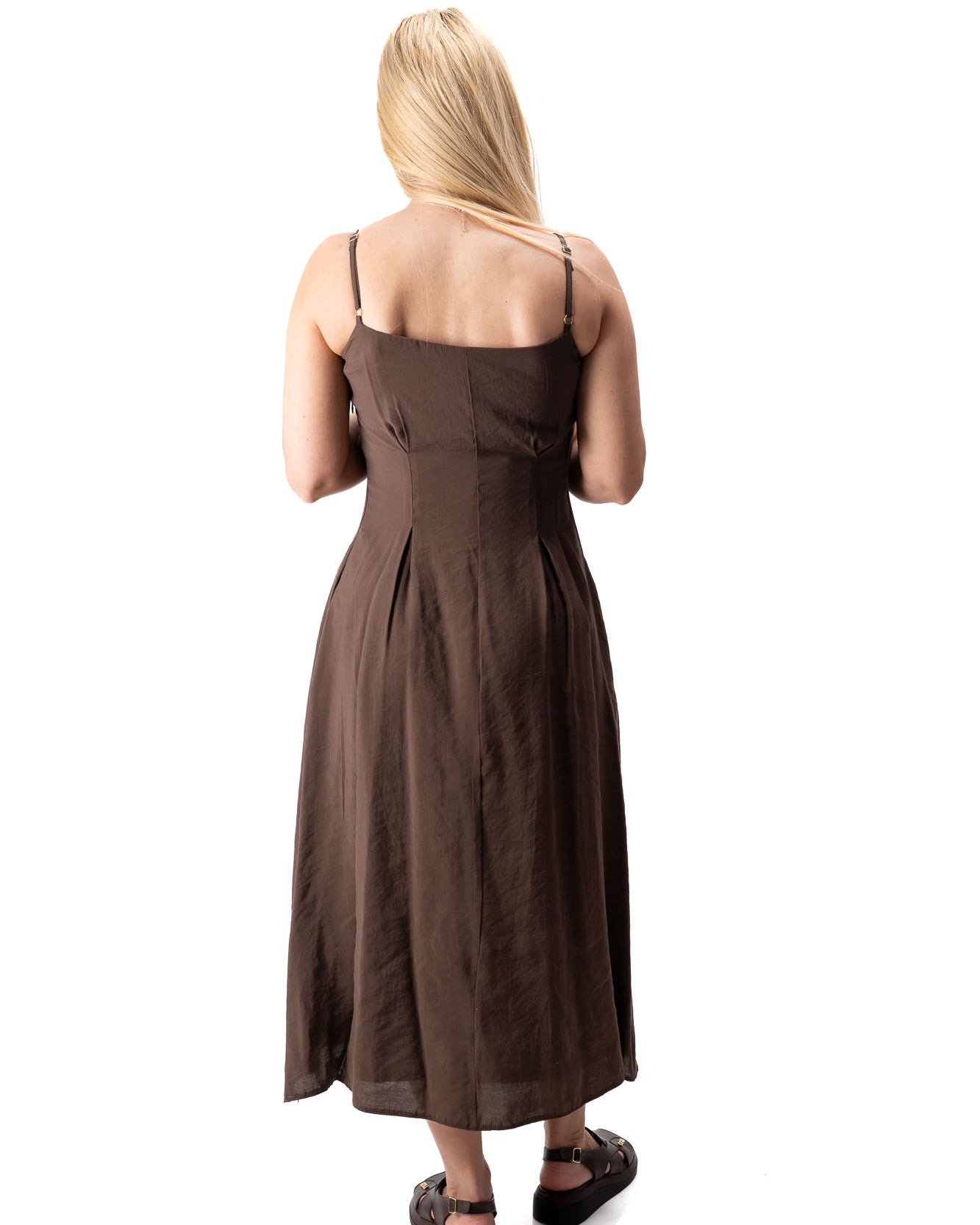 brown women midi dress with lightweight overshirt