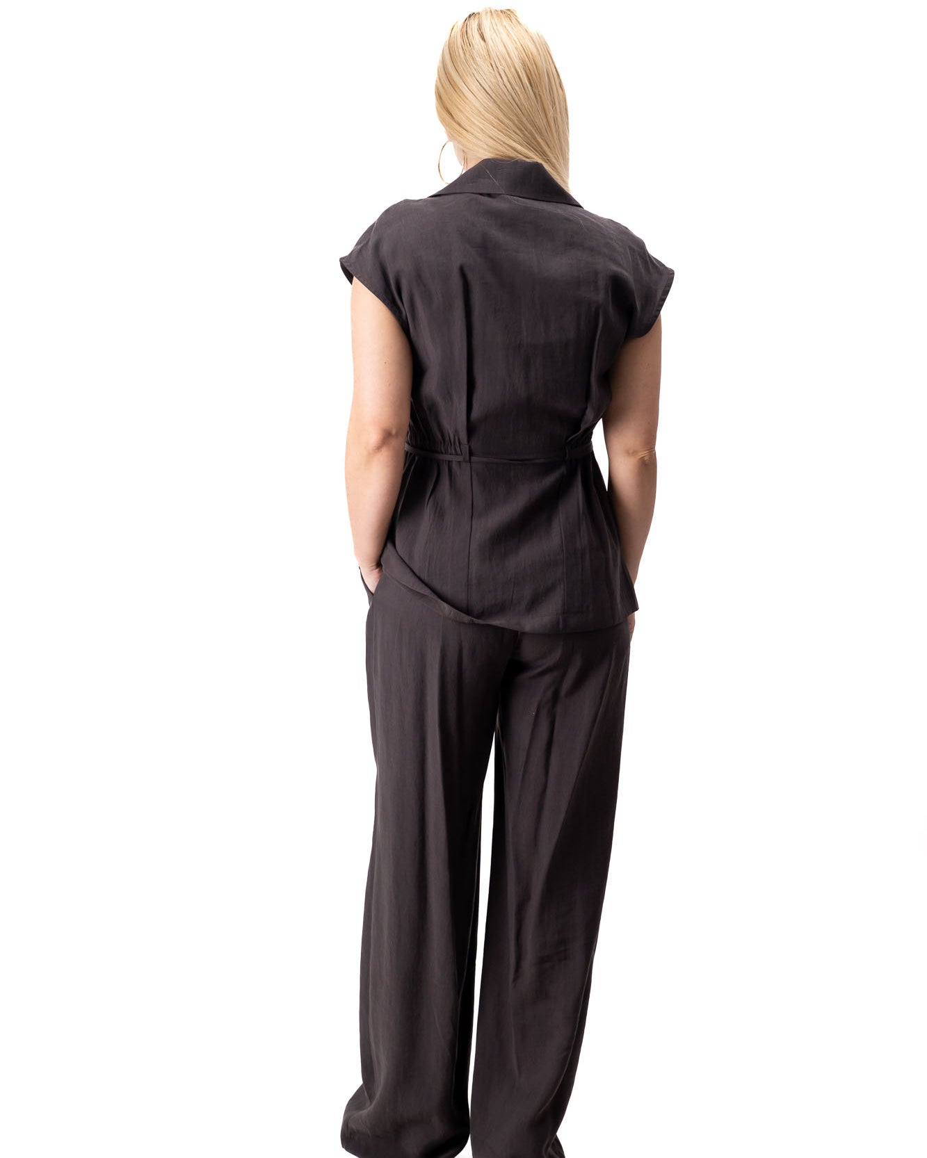 brown women elegant outfit long vest wide pants