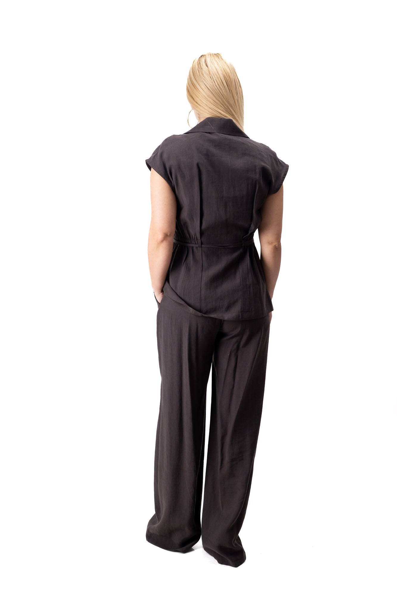 brown women elegant outfit long vest wide pants