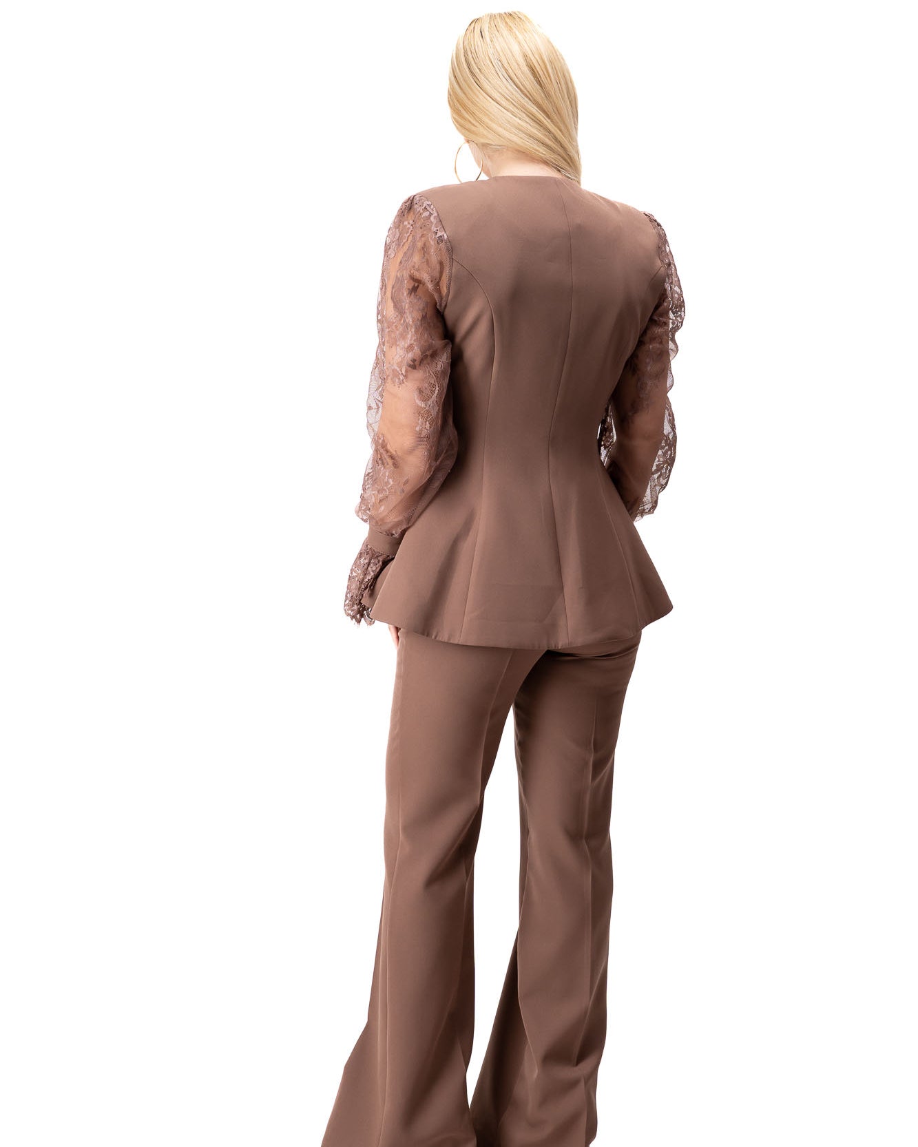 brown women elegant suit with lace sleeve blazer