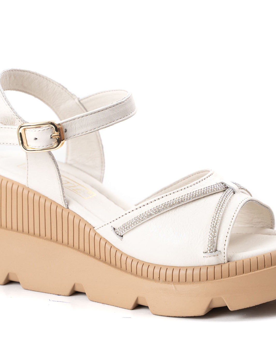 women cream leather sandals beige platform rhinestone decoration