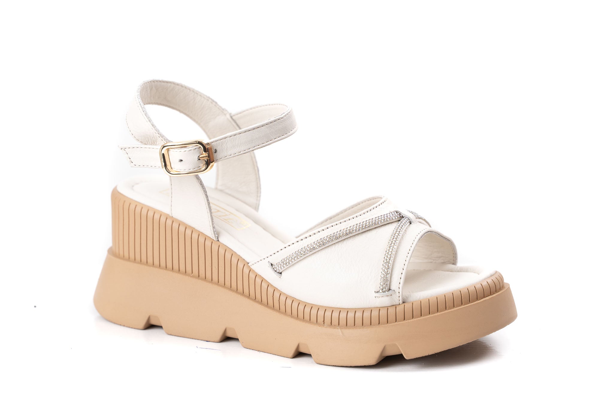 women cream leather sandals beige platform rhinestone decoration