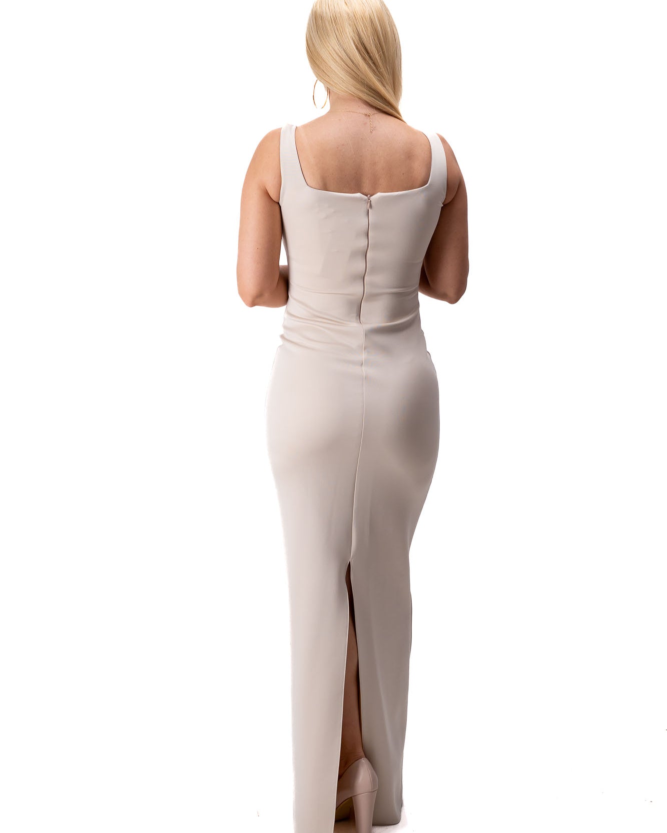 beige luxury formal dress women crystal details