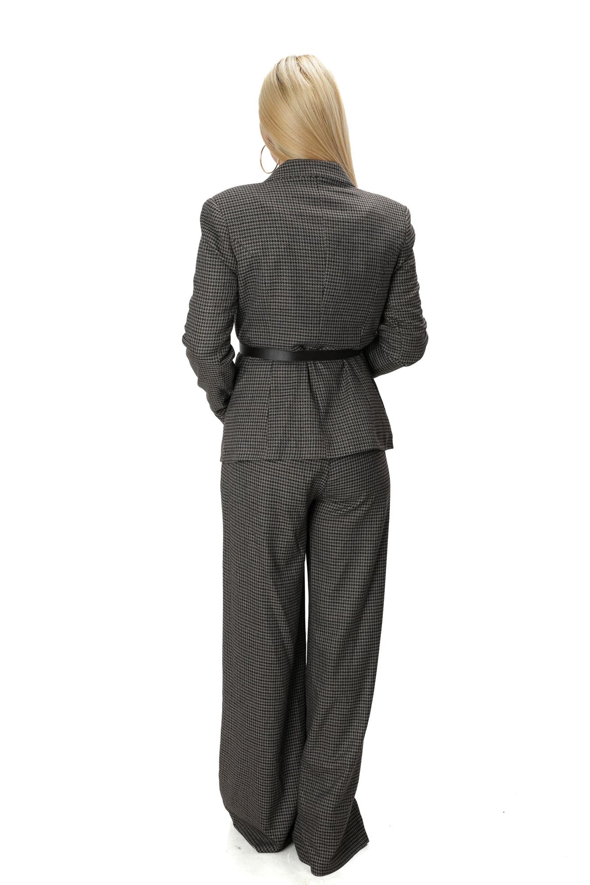 Brown houndstooth women’s two piece suit with wide leg pants and fitted blazer 2159