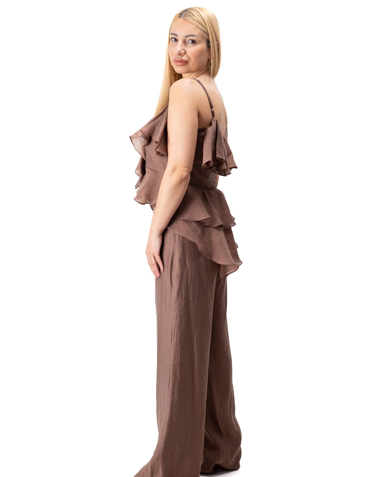 brown elegant women outfit with flowing chiffon top