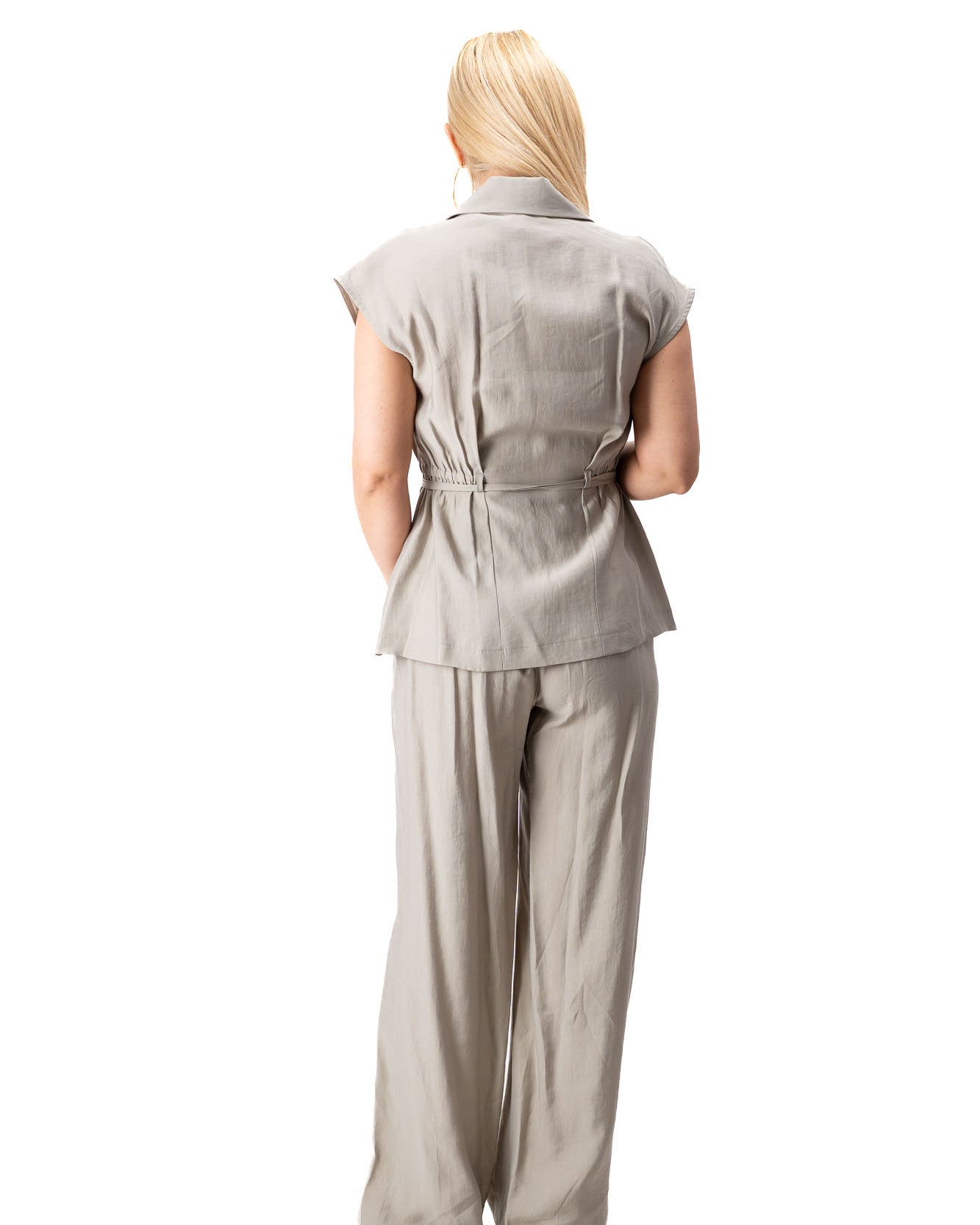 khaki women elegant outfit long vest wide pants