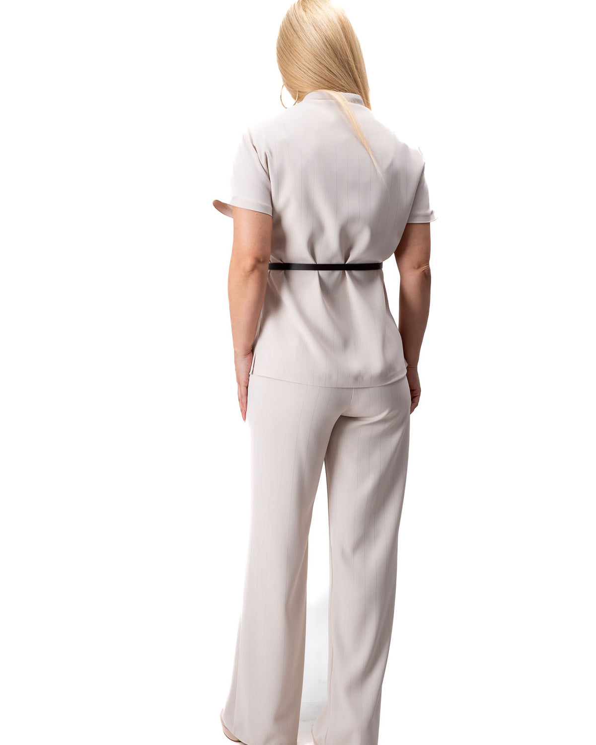 women beige two piece set striped wide leg pants off shoulder shirt