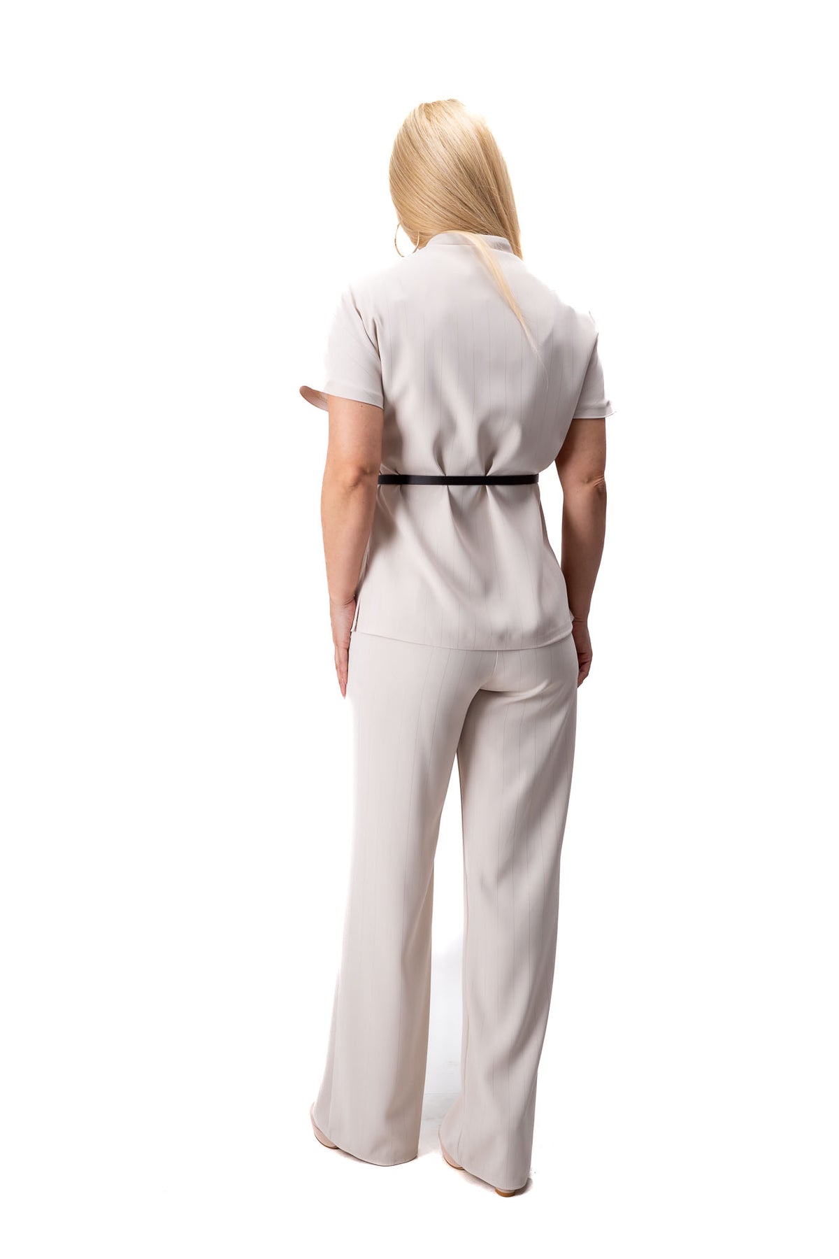 women beige two piece set striped wide leg pants off shoulder shirt