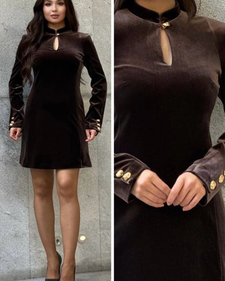 дамска къса елегантна рокля от кадифе в кафяв цвят