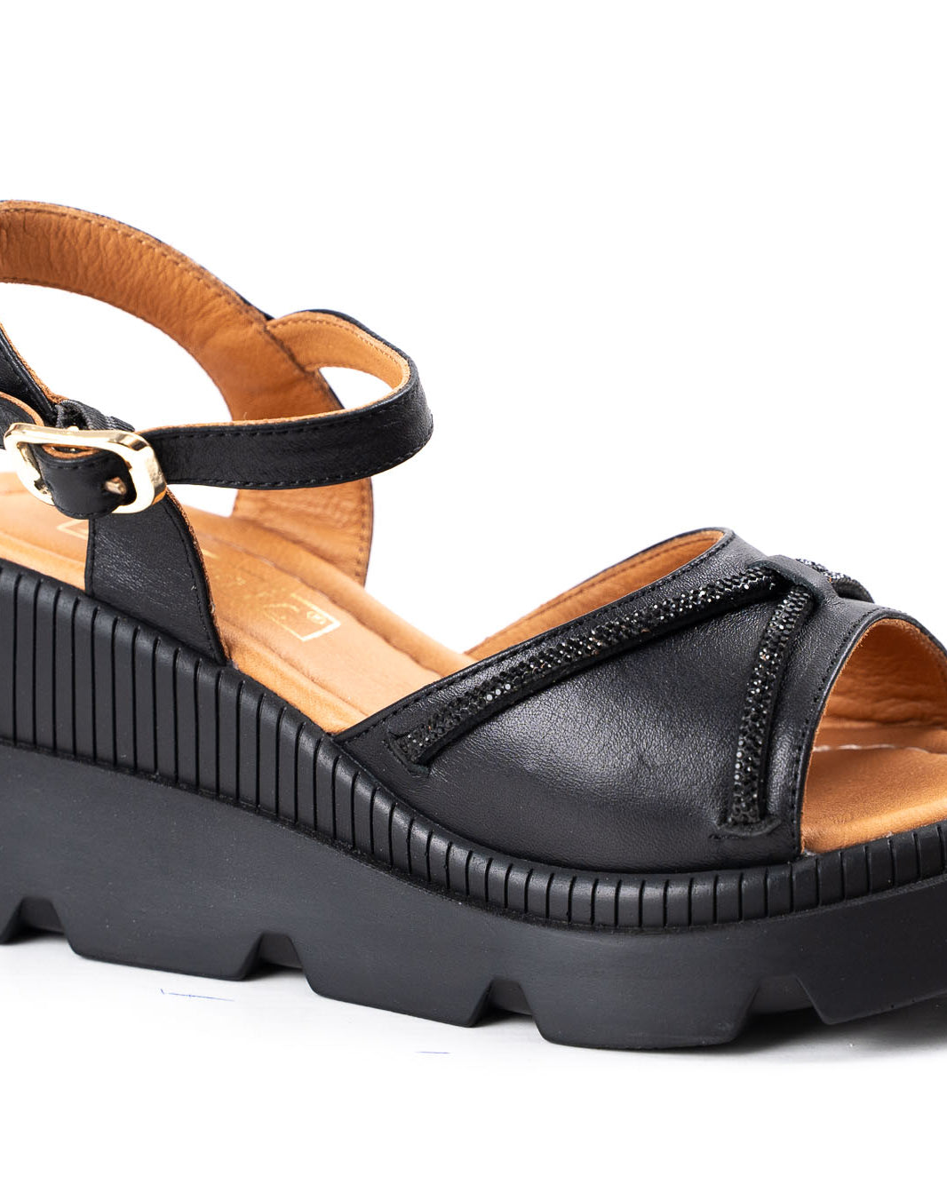 women black leather sandals high platform rhinestone decoration