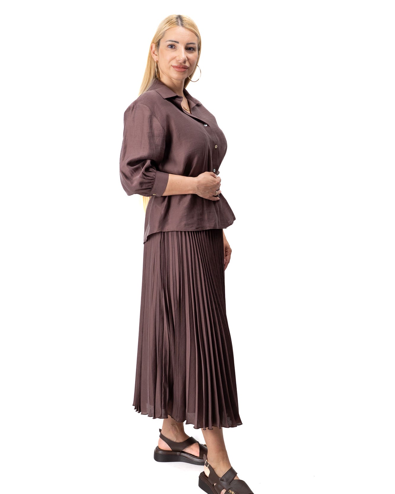 women two piece set belted shirt pleated skirt dark brown