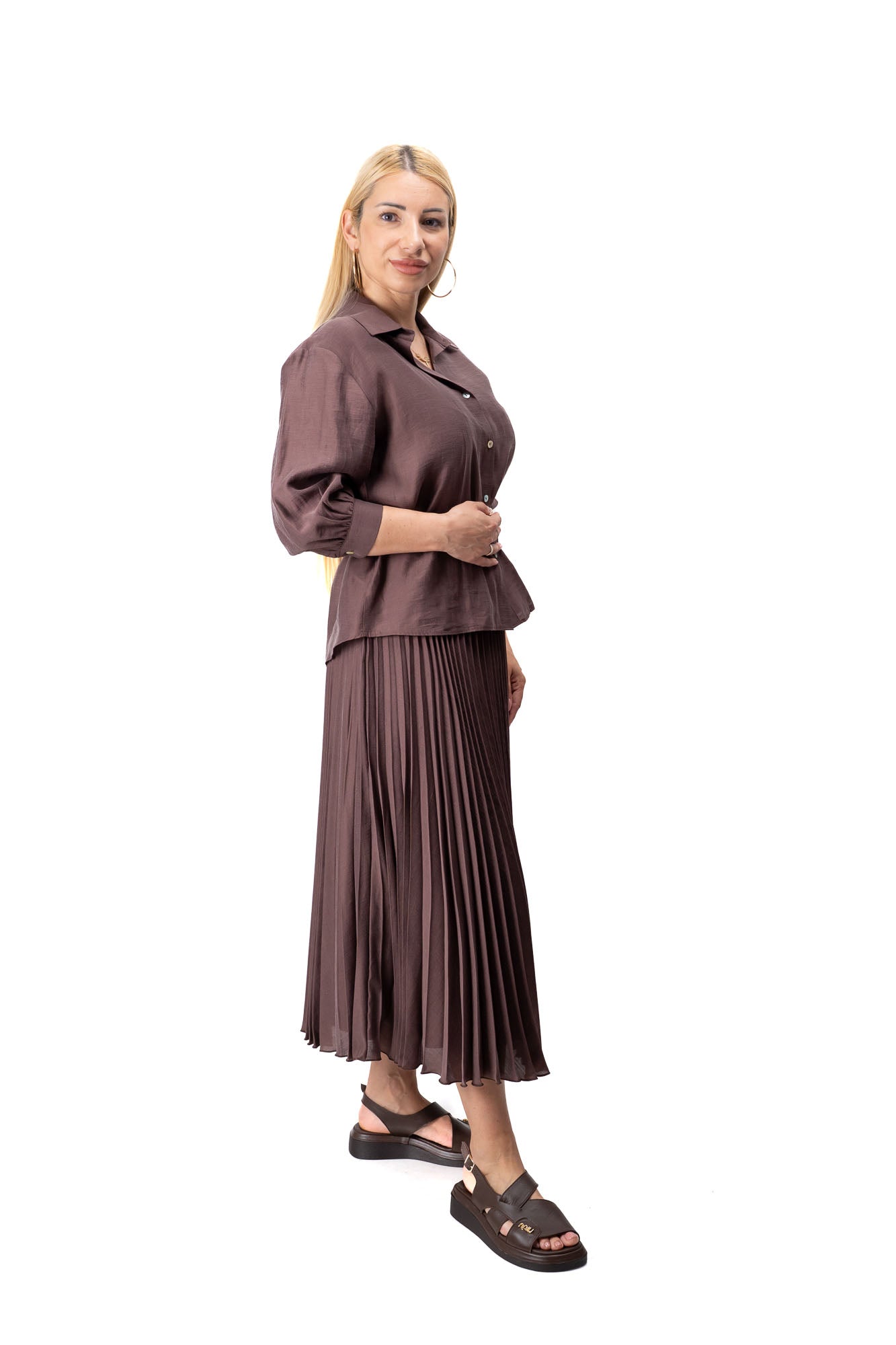 women two piece set belted shirt pleated skirt dark brown