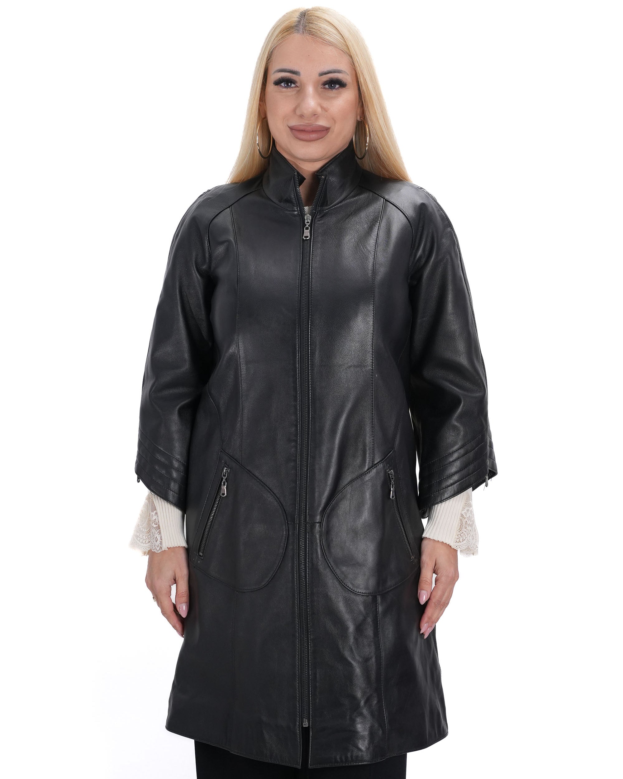 Дамско дълго яке от естествена кожа – преден изглед B902