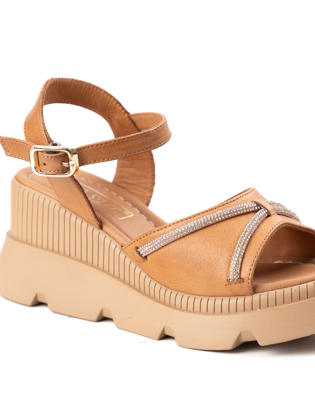 women leather sandals brown beige platform rhinestone decoration