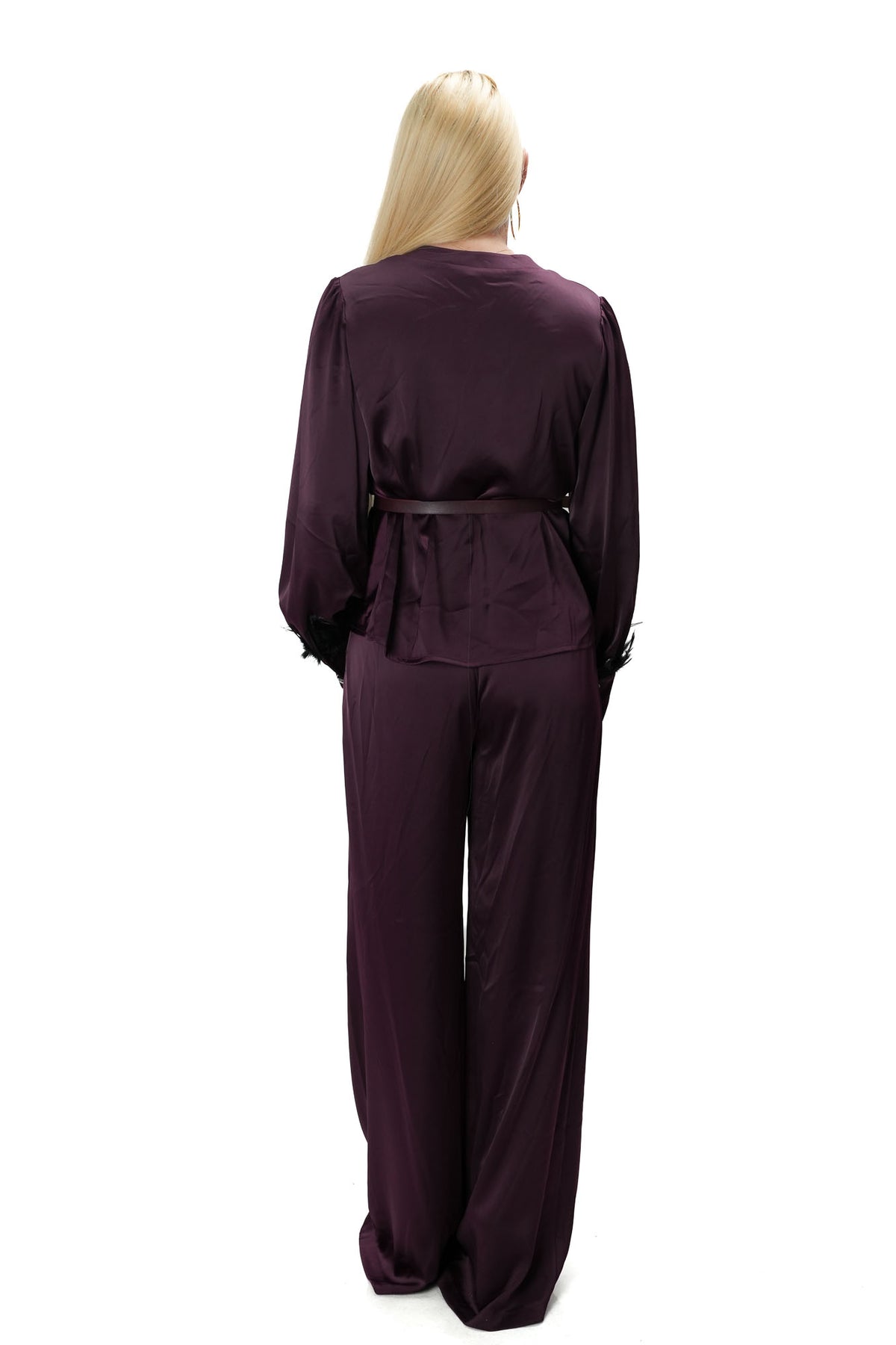 Women’s satin two-piece set in plum burgundy with wide-leg trousers and feather sleeve blouse 10742