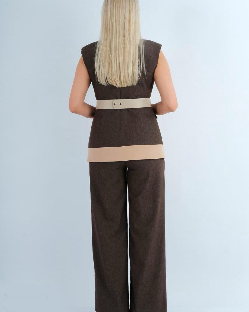 plus size women denim style set beige wide leg pants vest