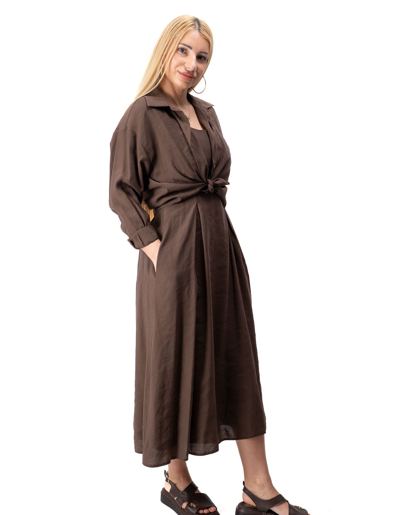 women elegant two piece midi dress set summer style in brown