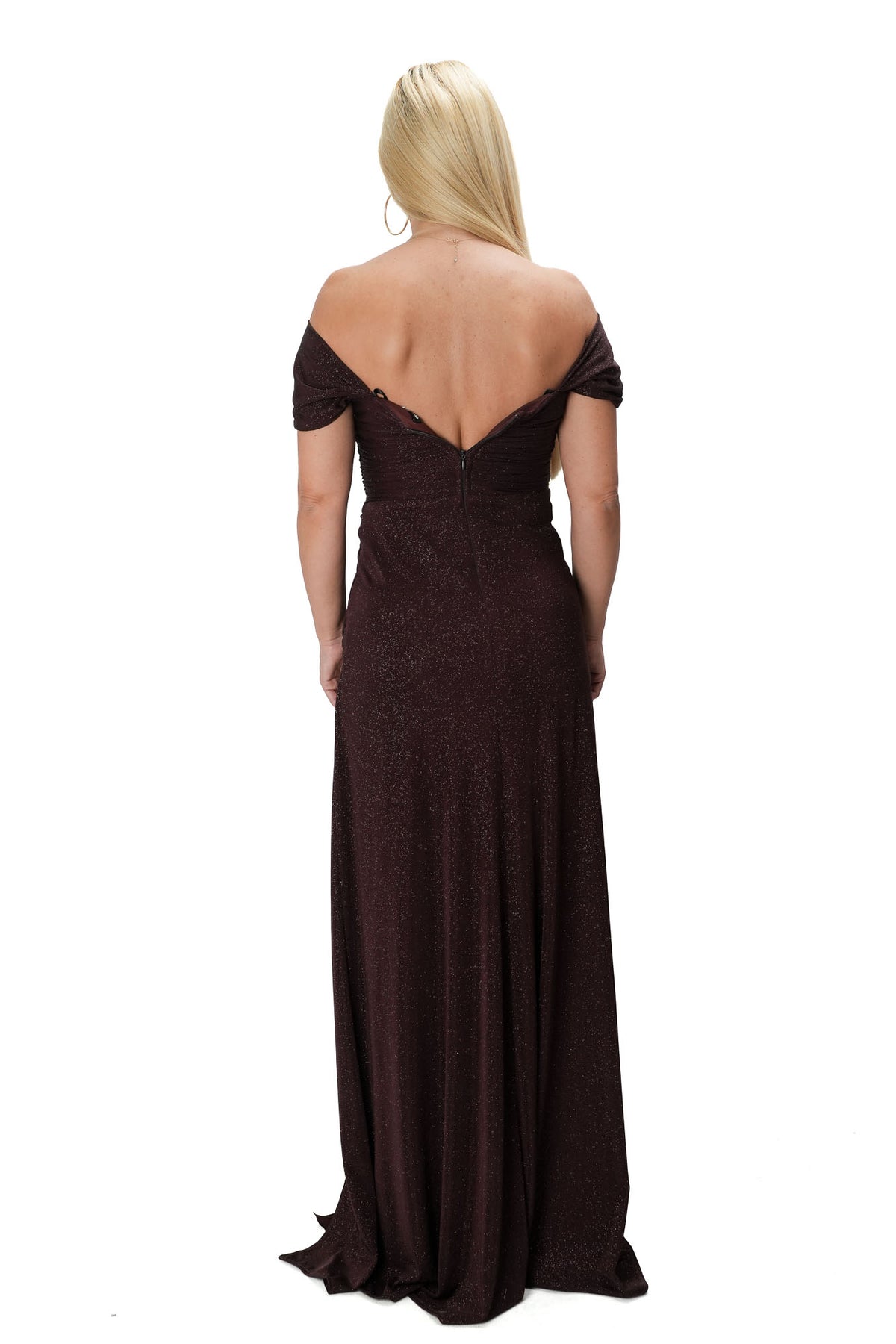 Long dark brown coffee women’s evening dress with off shoulder and glitter 09-8111