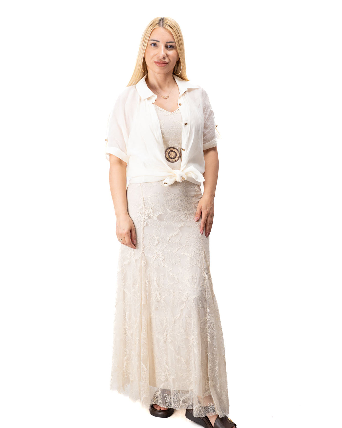 women two piece lace dress with lightweight overshirt