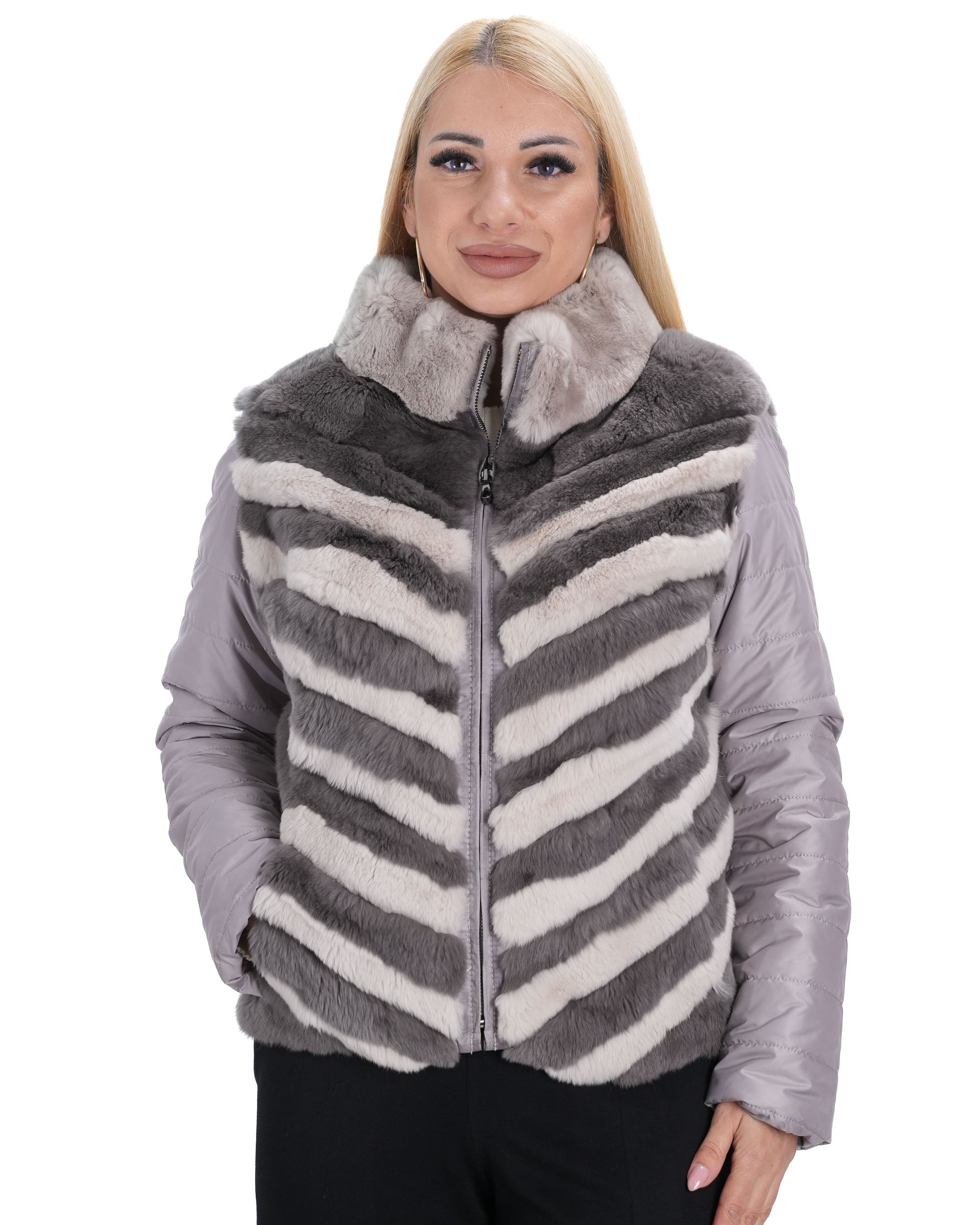 Дамско яке от шушляк с косъм от чинчила – предна гледка сиво-кремаво