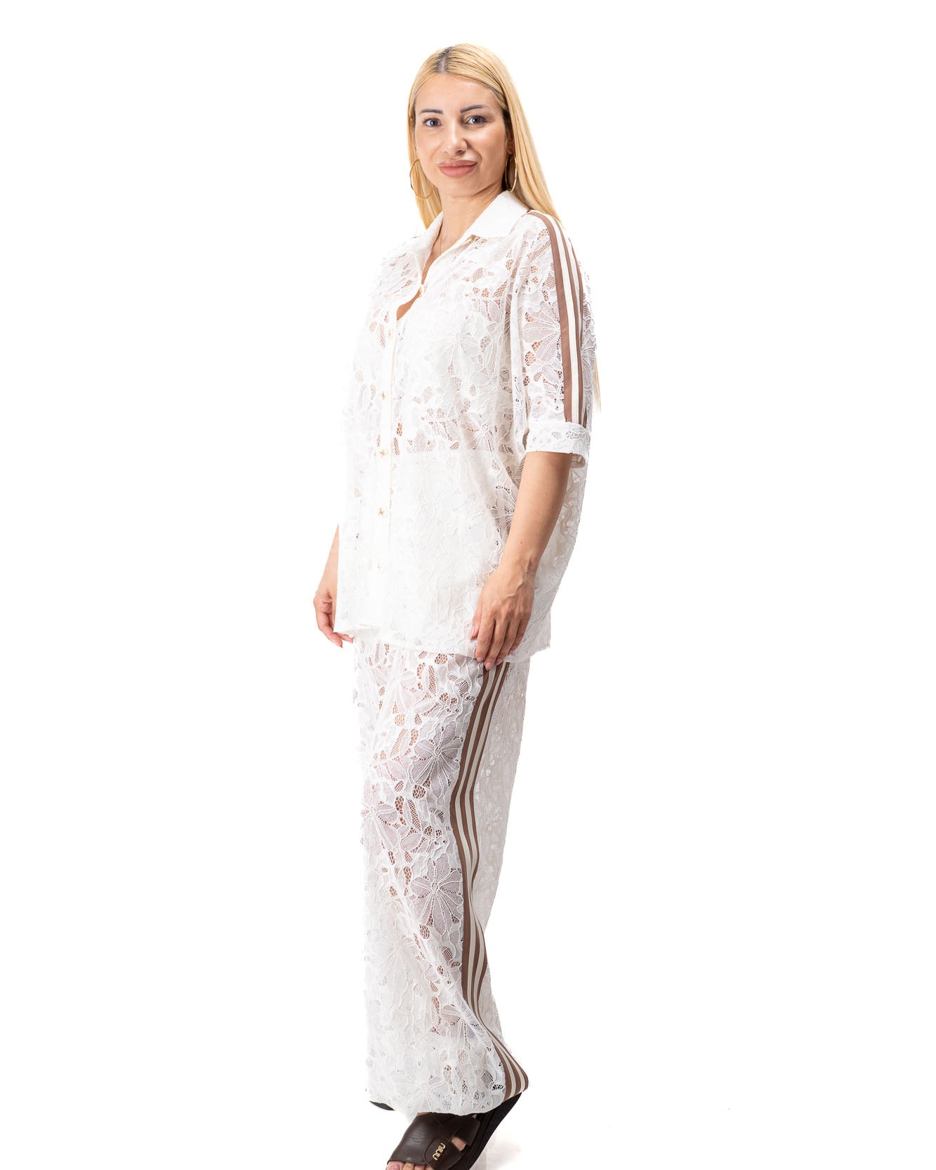 ecru lace women set brown details casual elegant outfit