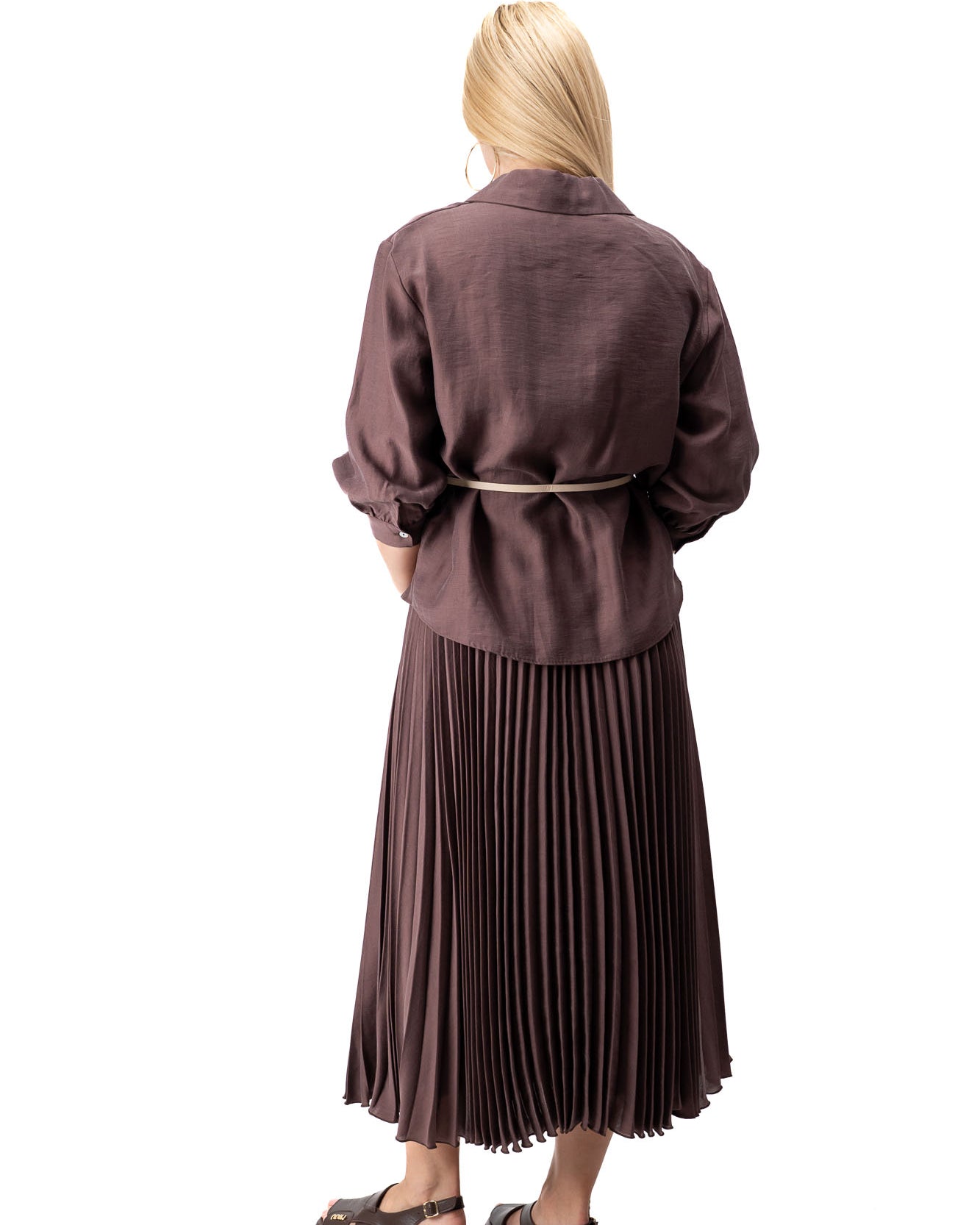dark brown pleated skirt and shirt women elegant set