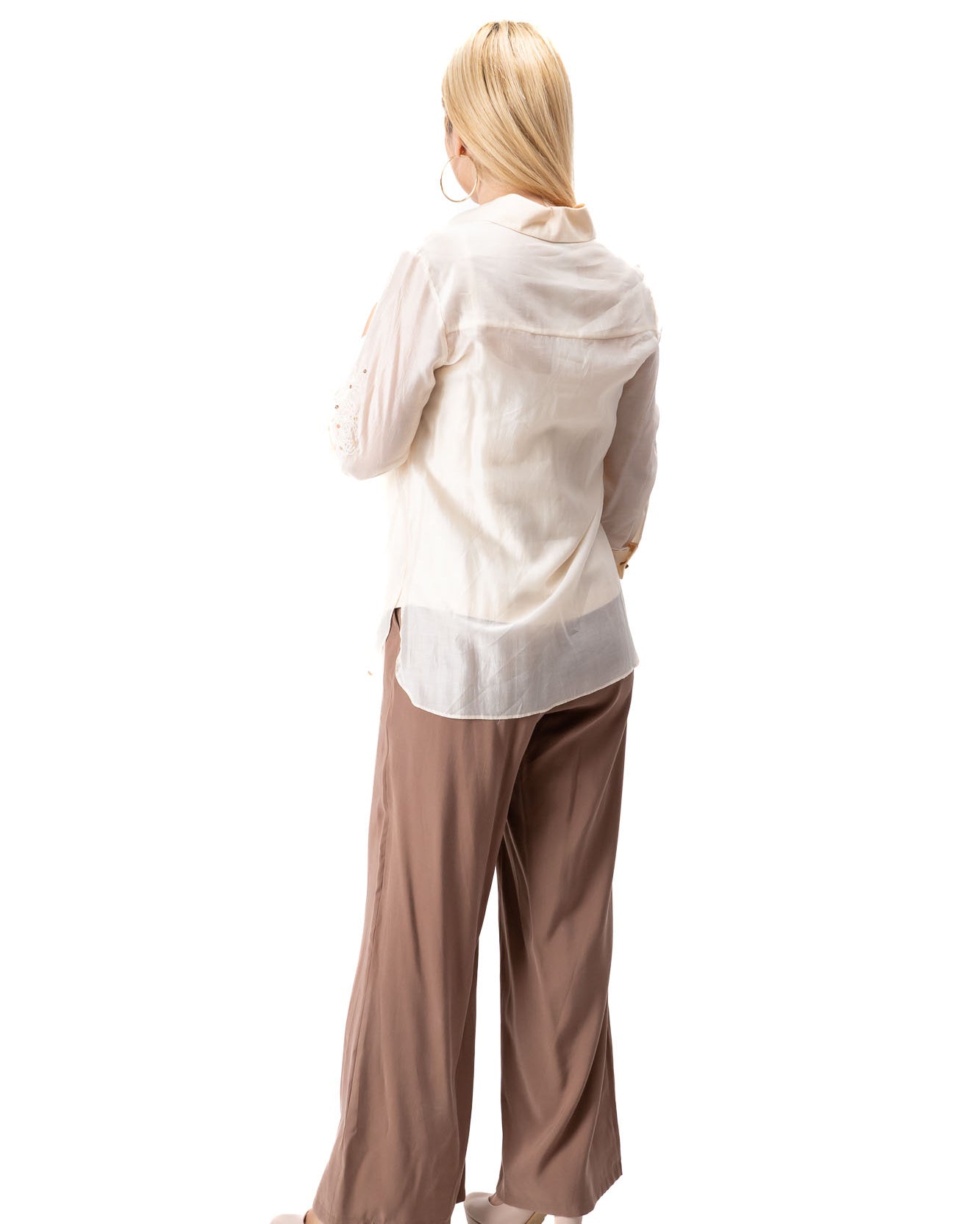 beige cream women luxury outfit sequin shirt wide pants