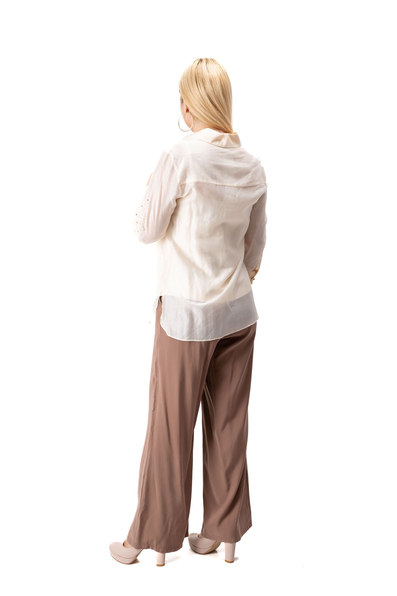beige cream women luxury outfit sequin shirt wide pants