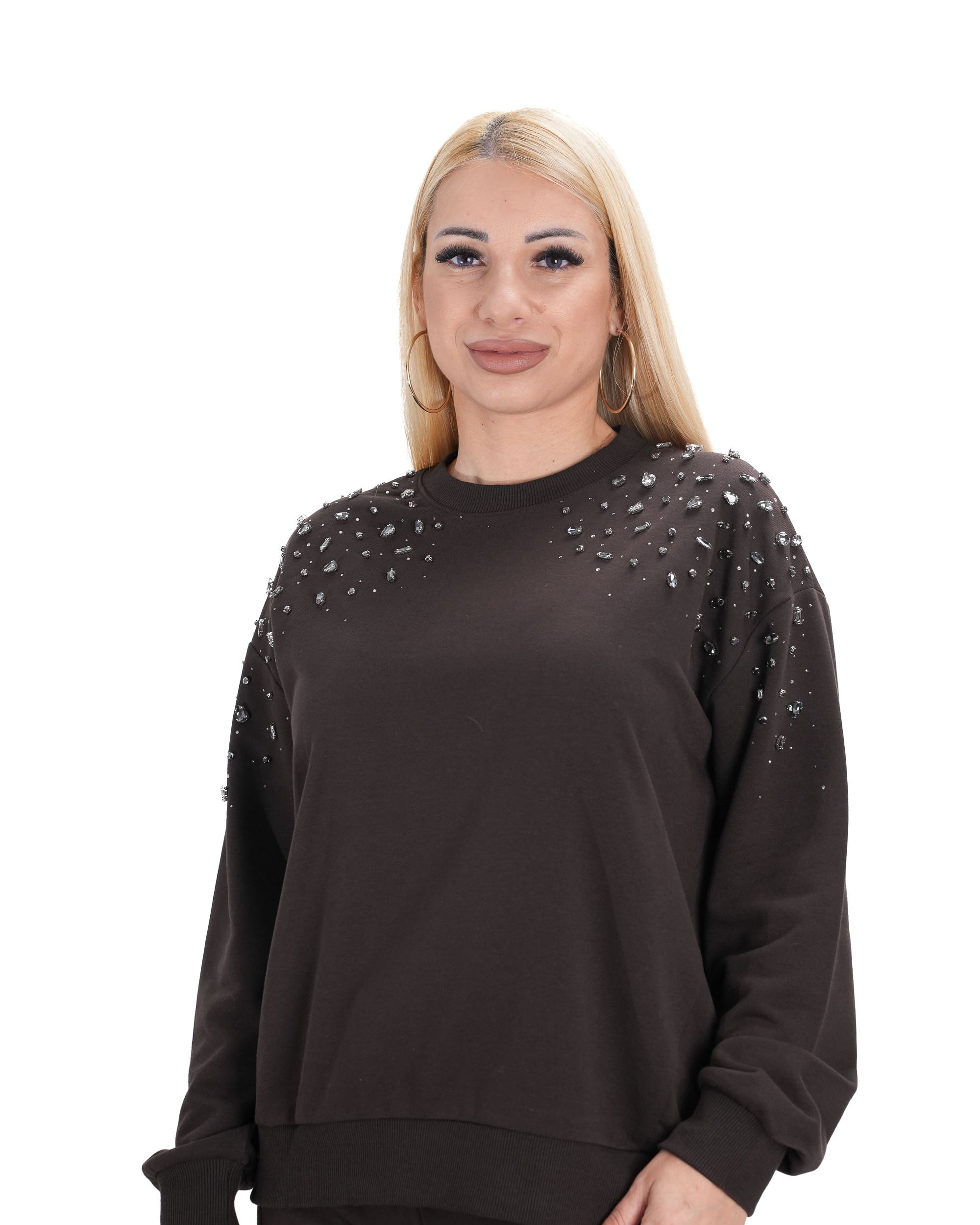 Дамски спортно-елегантен комплект – модел J0282, тъмно кафяв