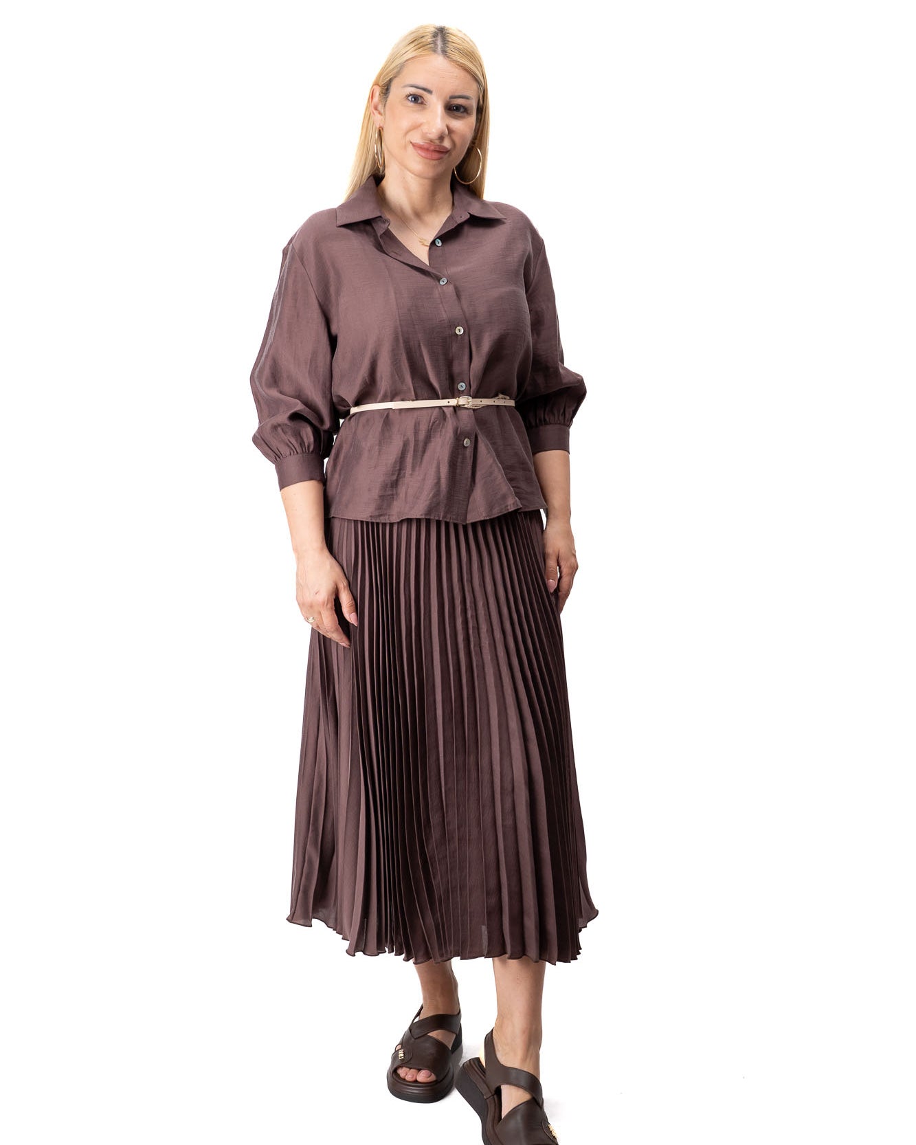women elegant two piece outfit pleated skirt brown