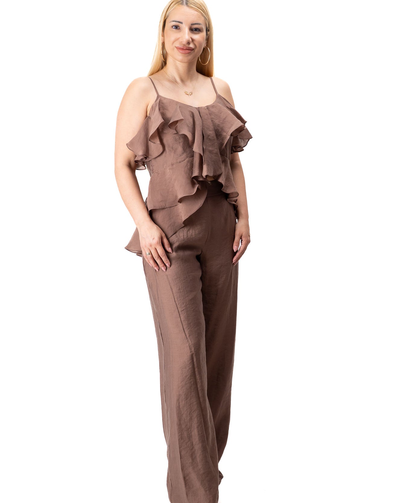 women two piece brown set pants camisole chiffon overlay elegant