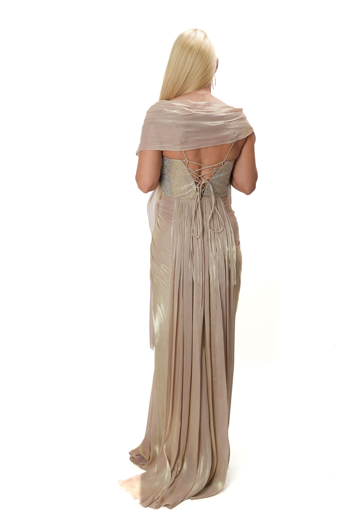 Elegant fitted formal gown with holographic crystal embellished bodice and matching thin scarf LUXU 3536