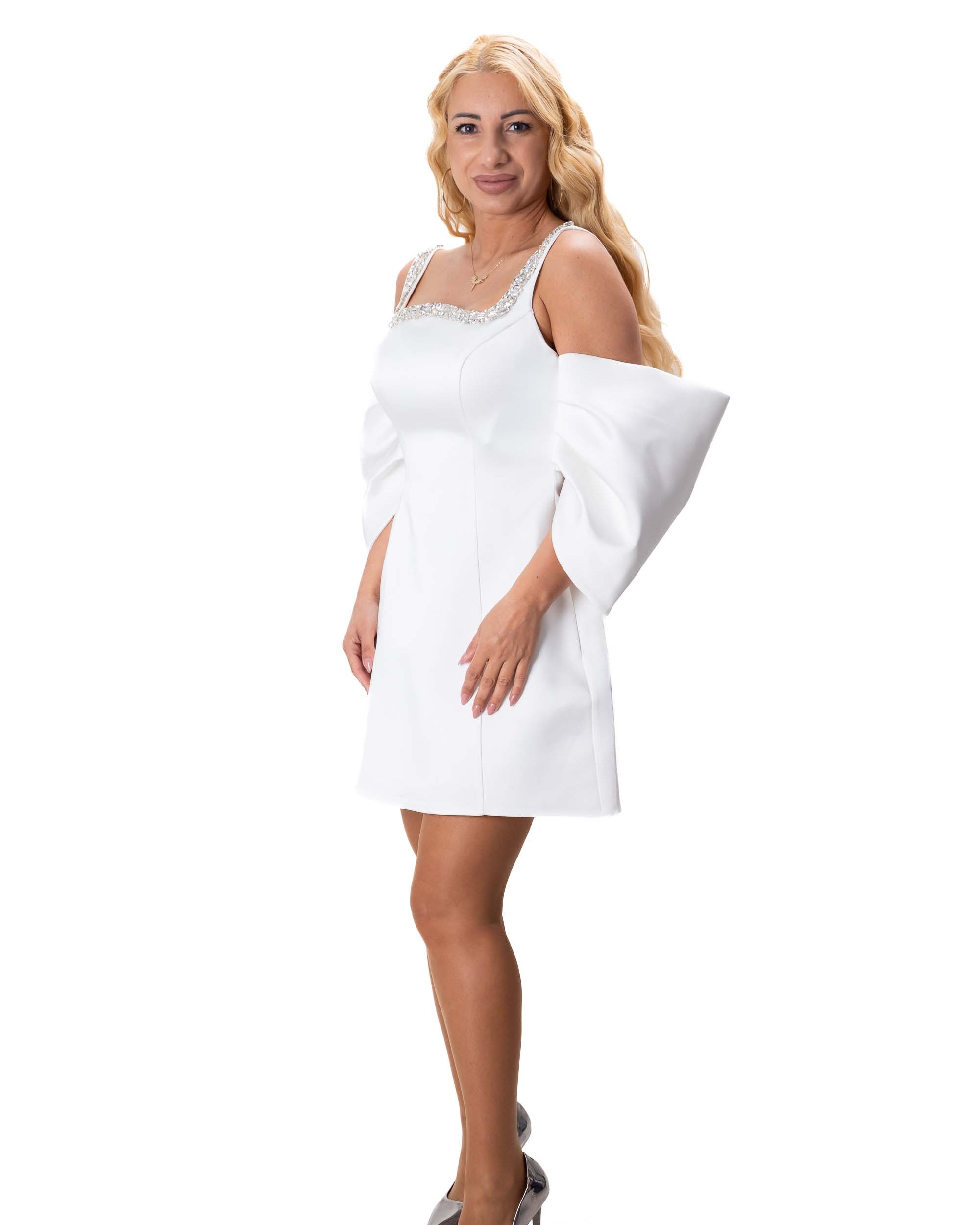 white mini formal dress crystals bow back elegant women