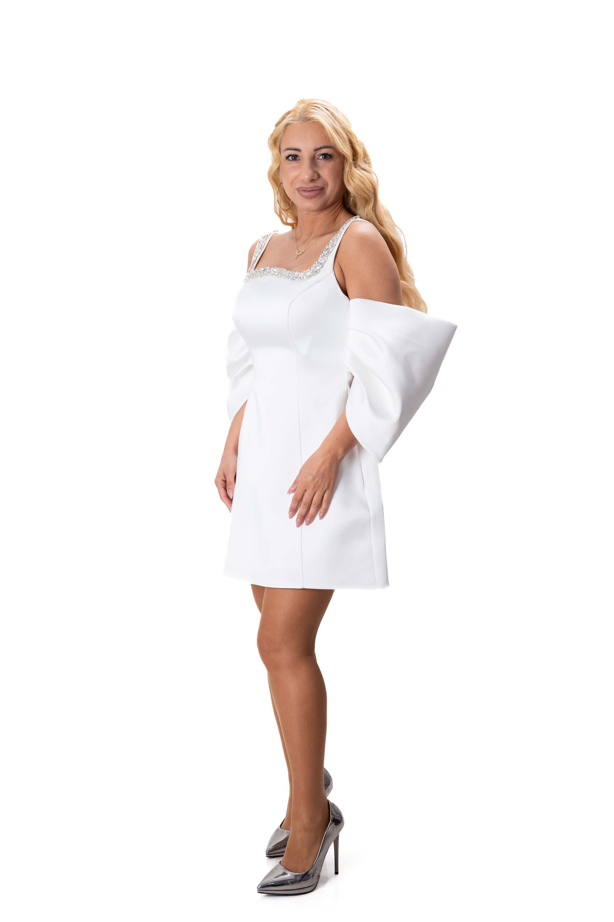 white mini formal dress crystals bow back elegant women