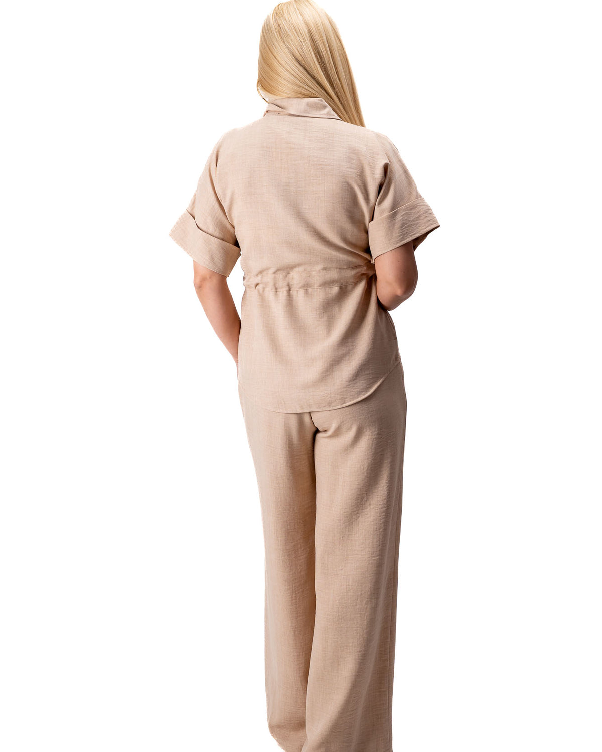 women beige two piece set wide leg pants short sleeve top zipper belt
