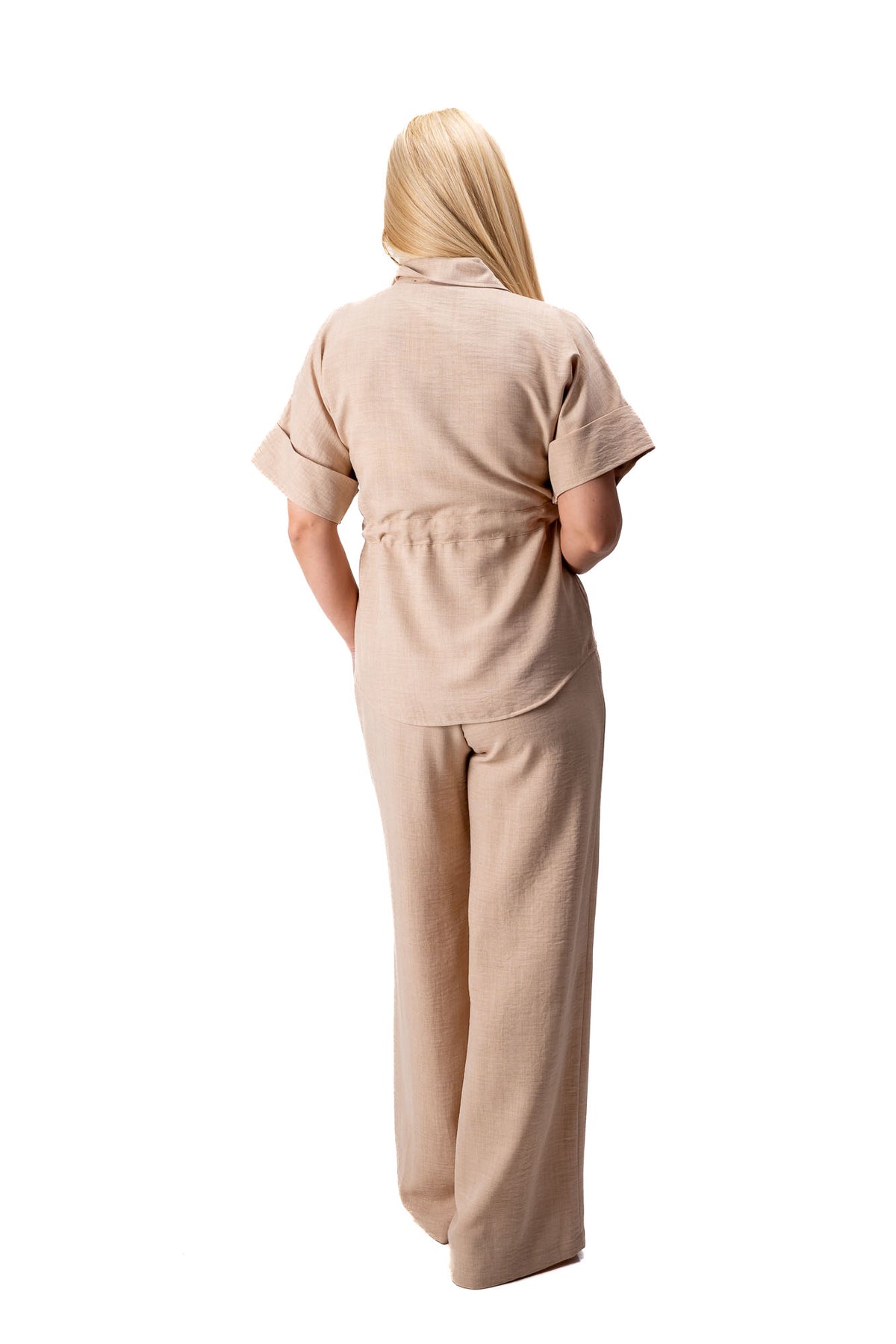women beige two piece set wide leg pants short sleeve top zipper belt