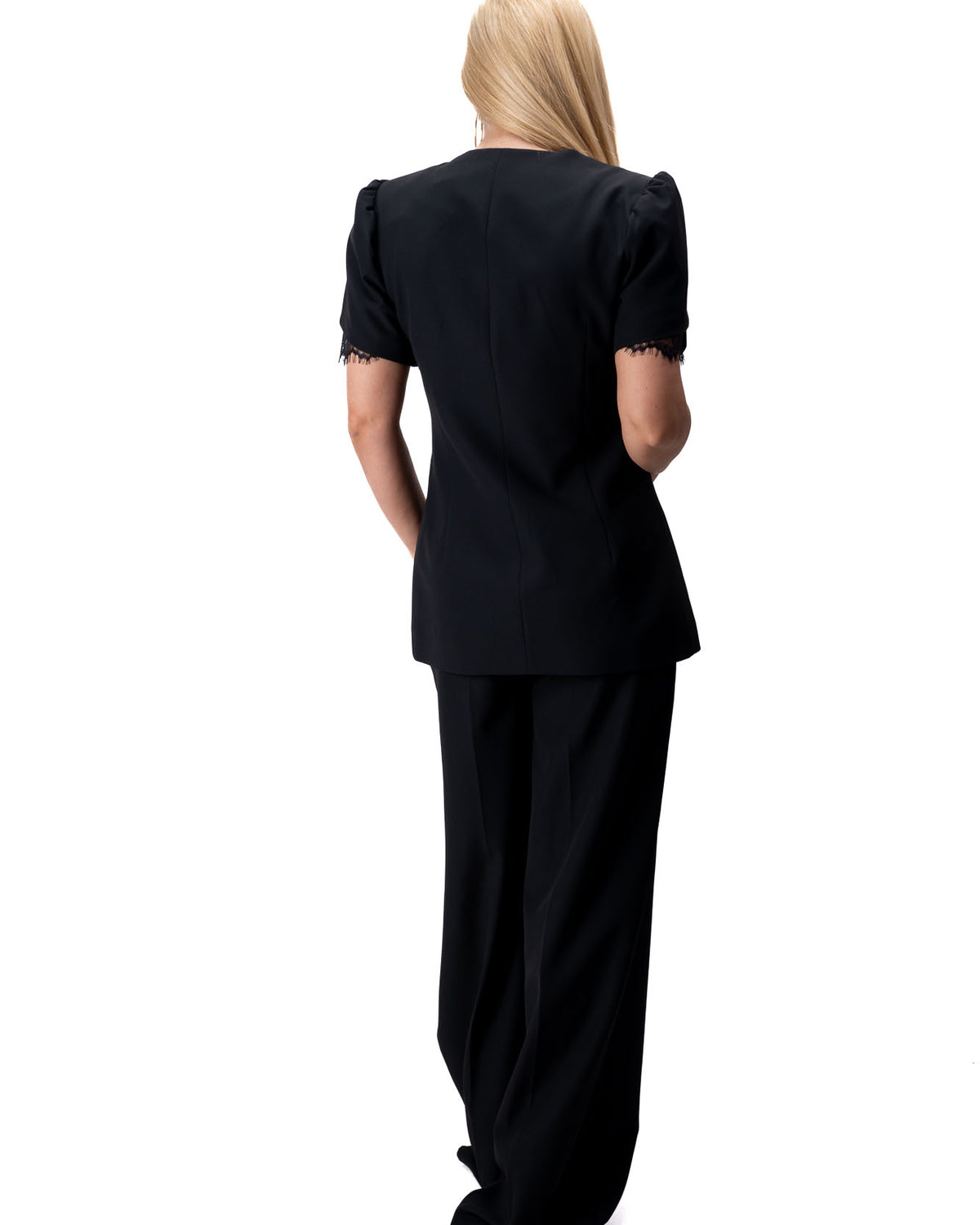 Black two piece women’s suit with short sleeves and lace detail GC8385
