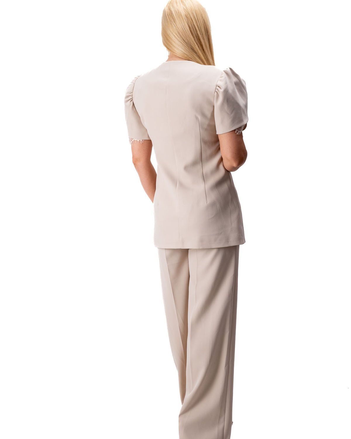 women two piece beige suit with short sleeves and lace detail GC8385