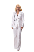 дамски сатениран костюм екрю с широк панталон и сако с бродирано цвете LUXU - малки и големи номера батал