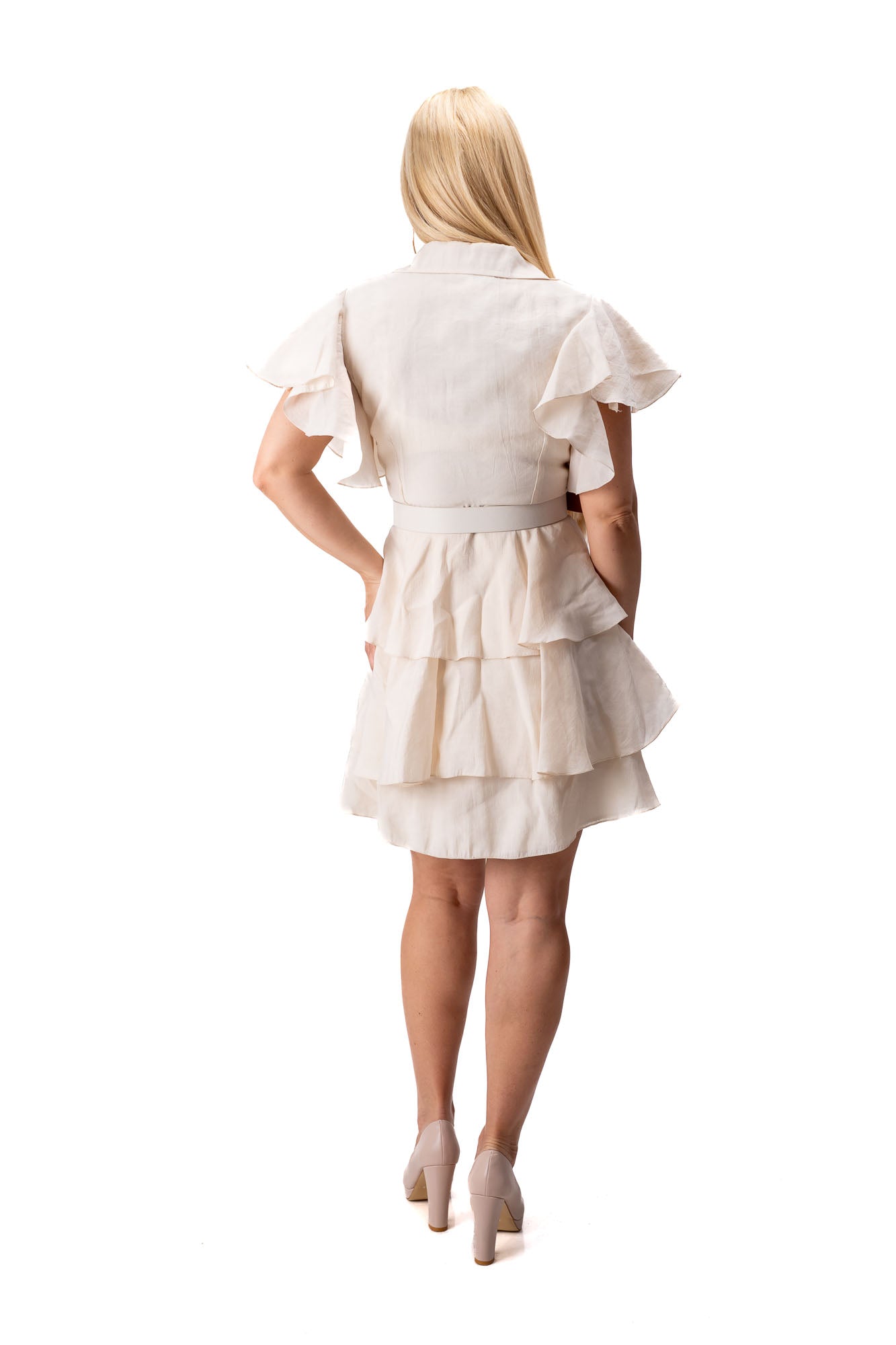 beige elegant women dress with collar belt short sleeve
