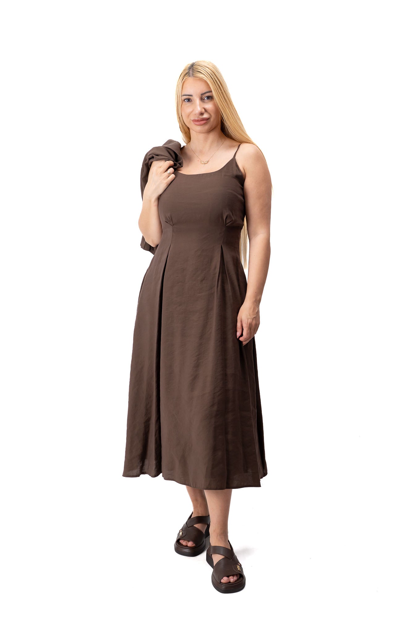 women two piece midi dress spaghetti straps overshirt brown