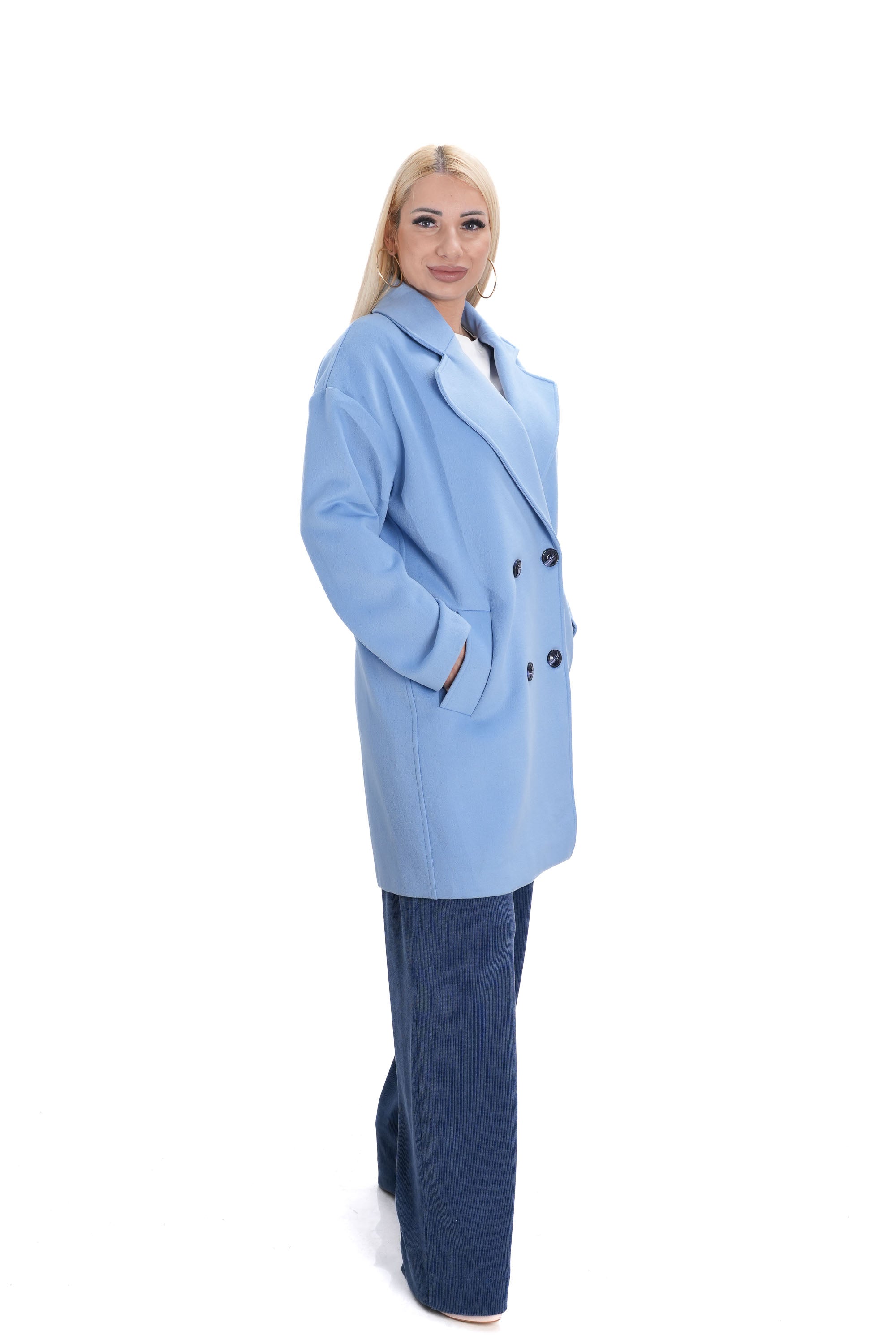 стилно дамско палто дълго небесно синьо