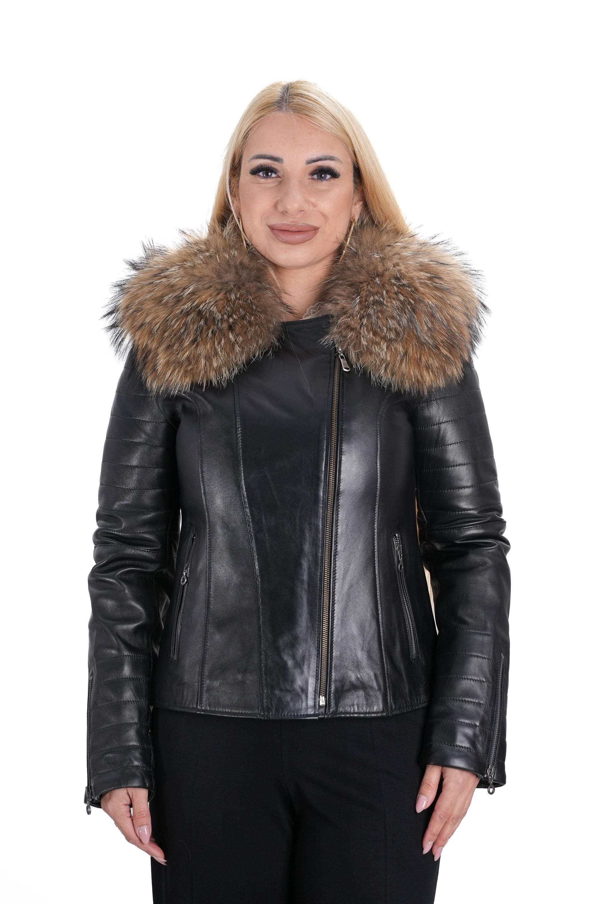 Дамско черно яке от естествена кожа – преден изглед T-6 с косъм на качулката